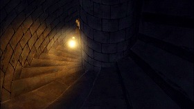 『鋼の錬金術師　シャンバラを征く者』 2005　約28分：古城の廃墟内の螺旋階段