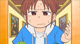 『CITY THE ANIMATION』 2025 #5 約2分：塔の最上階の窓を外から　左奥にダ・ヴィンチ《モナ・リザ》、右奥にルドン《キュクロープス》