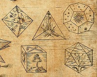 ケプラー『宇宙の調和』(1619)　第2巻「25. 命題」の挿図より対応する元素等を表面に描いた五つのプラトーン立体